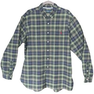 Ralph Lauren Vintage Plaid Button Up Polo Green Blue Collared Mens Size XL